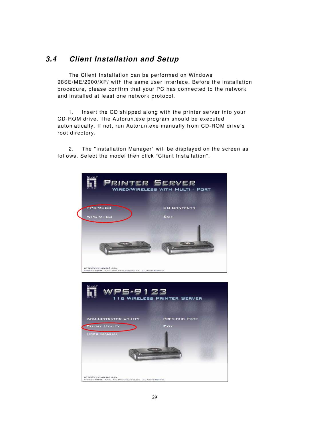 LevelOne WPS-9123, FPS-9023 user manual Client Installation and Setup 