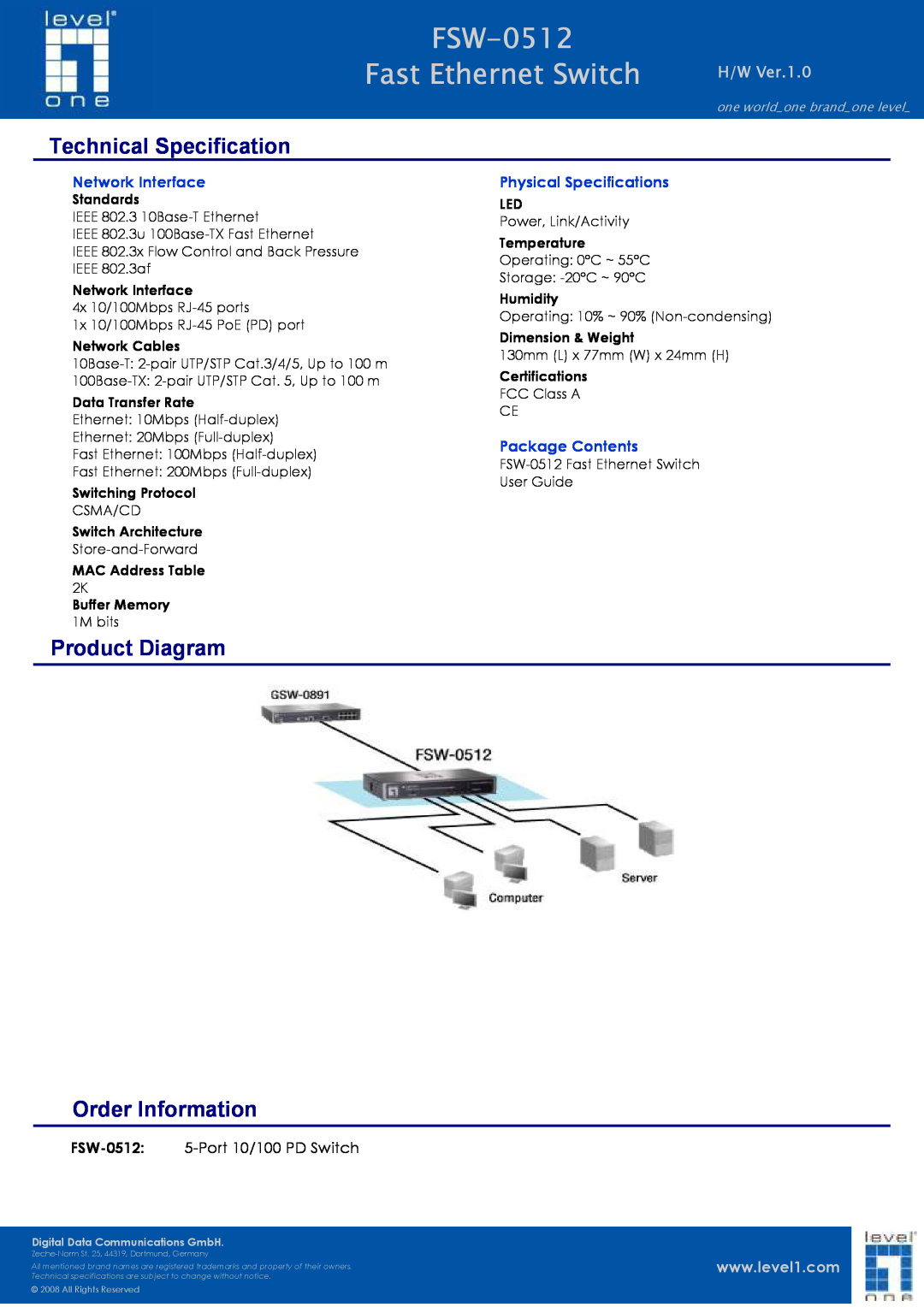 LevelOne Technical Specification, Product Diagram, Order Information, FSW-0512 5-Port 10/100 PD Switch, H/W Ver.1.0 