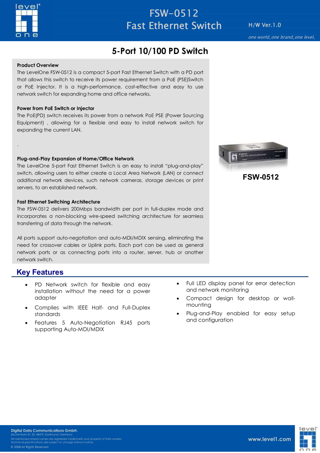 LevelOne technical specifications FSW-0512 Fast Ethernet Switch, Key Features 