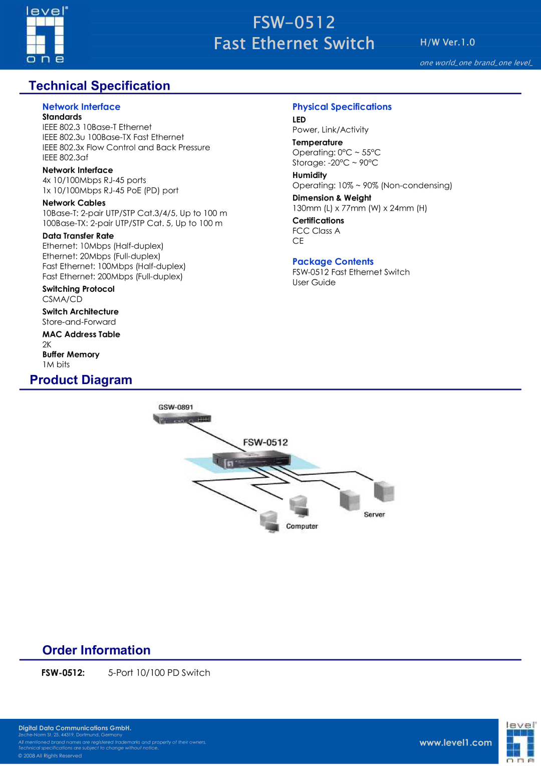 LevelOne FSW-0512 technical specifications Technical Specification, Product Diagram, Order Information 