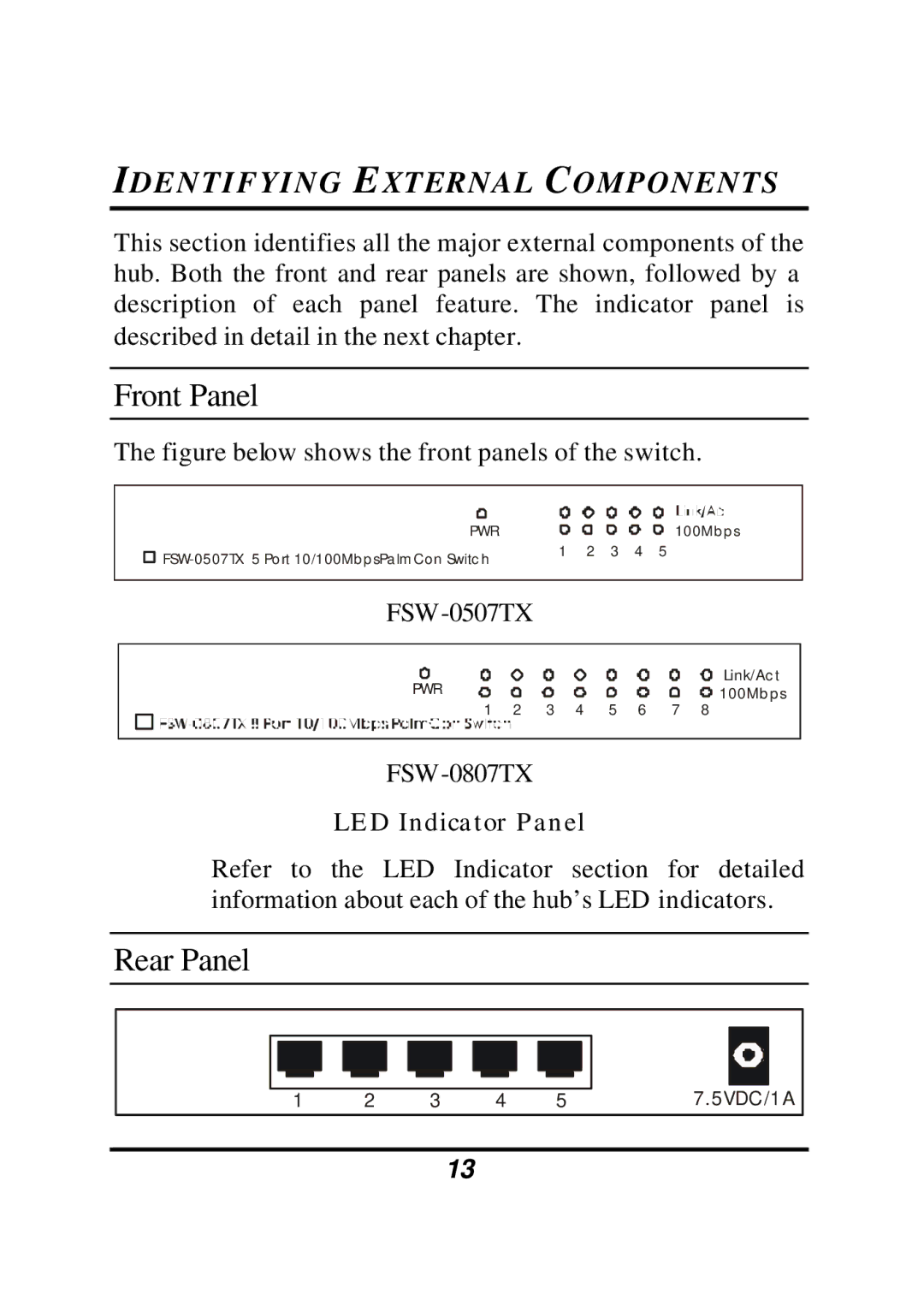 LevelOne FSW-0507TX, FSW-0807TX manual Front Panel, Rear Panel, Identifying External Components 