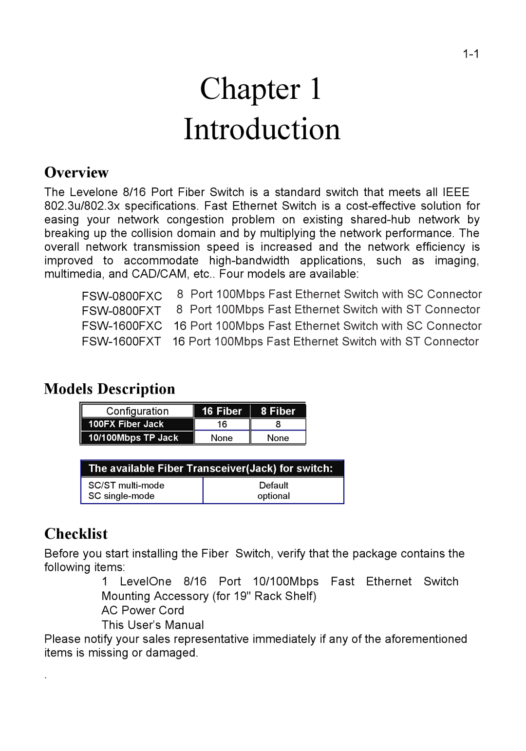 LevelOne FSW-1600FXC, FSW-0800FXT, FSW-1600FXT, FSW-0800FXC Chapter Introduction, Overview, Models Description, Checklist 