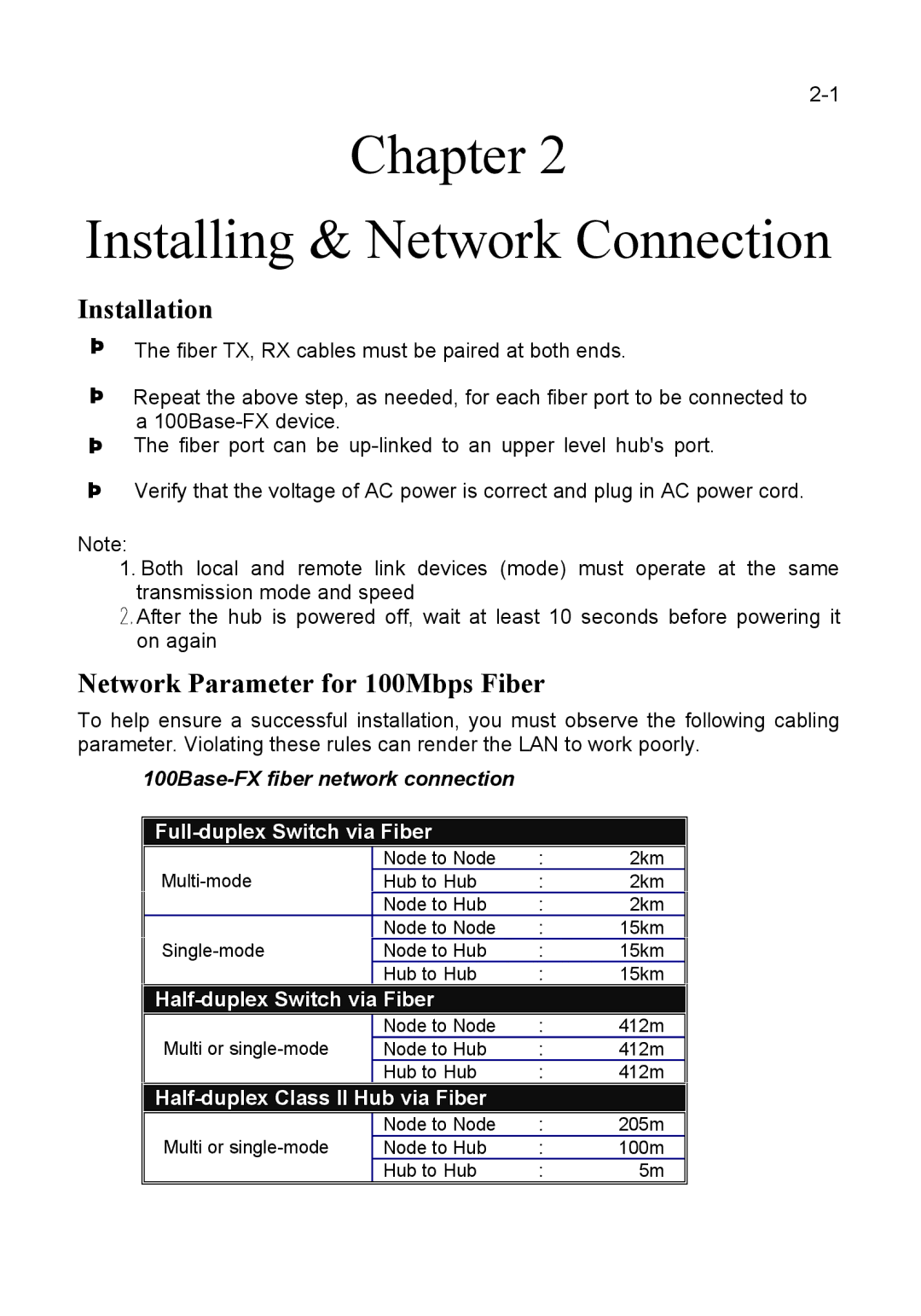 LevelOne FSW-0800FXT manual Chapter Installing & Network Connection, Installation, Network Parameter for 100Mbps Fiber 