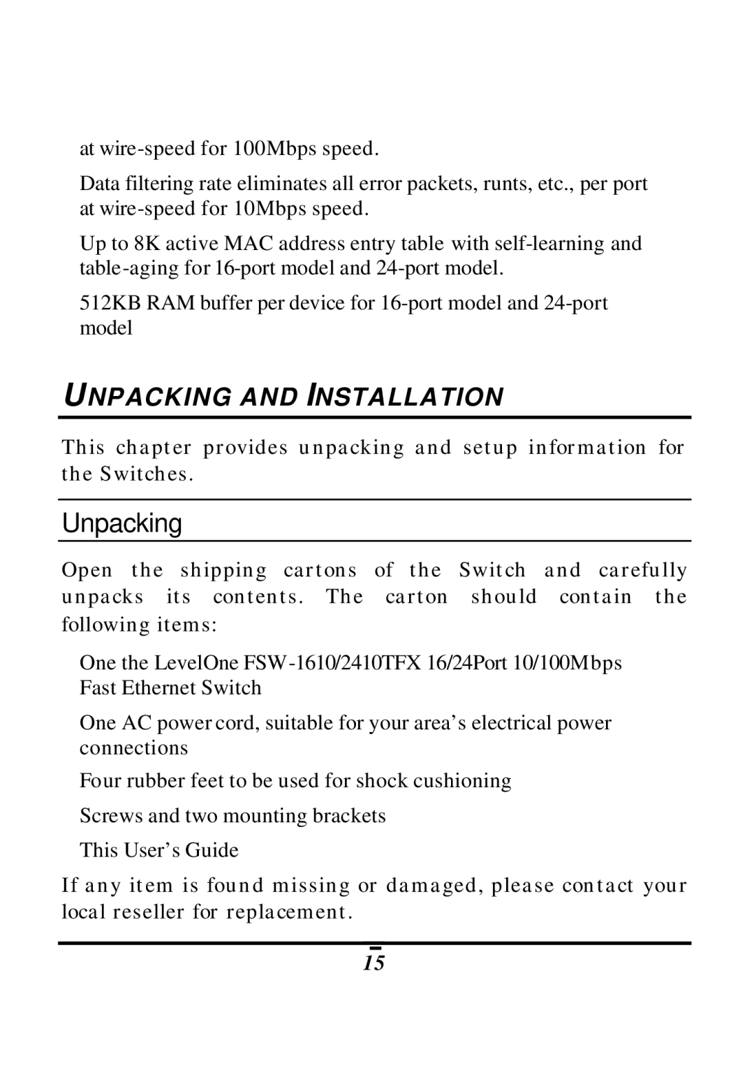 LevelOne FSW-2410TX, FSW-1610TX manual Unpacking and Installation 