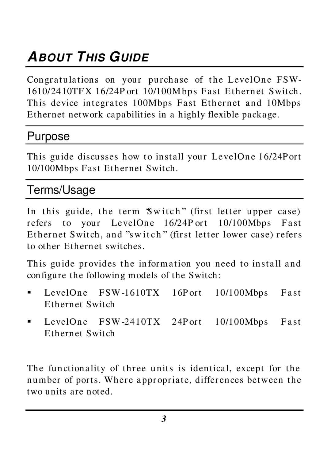 LevelOne FSW-2410TX, FSW-1610TX manual Purpose, Terms/Usage, About this Guide 