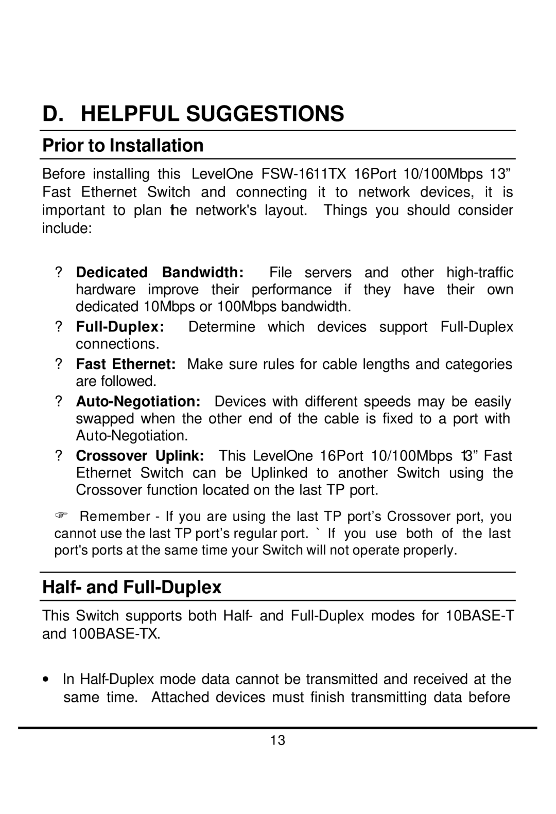 LevelOne FSW-1611TX manual Helpful Suggestions, Prior to Installation, Half- and Full-Duplex 