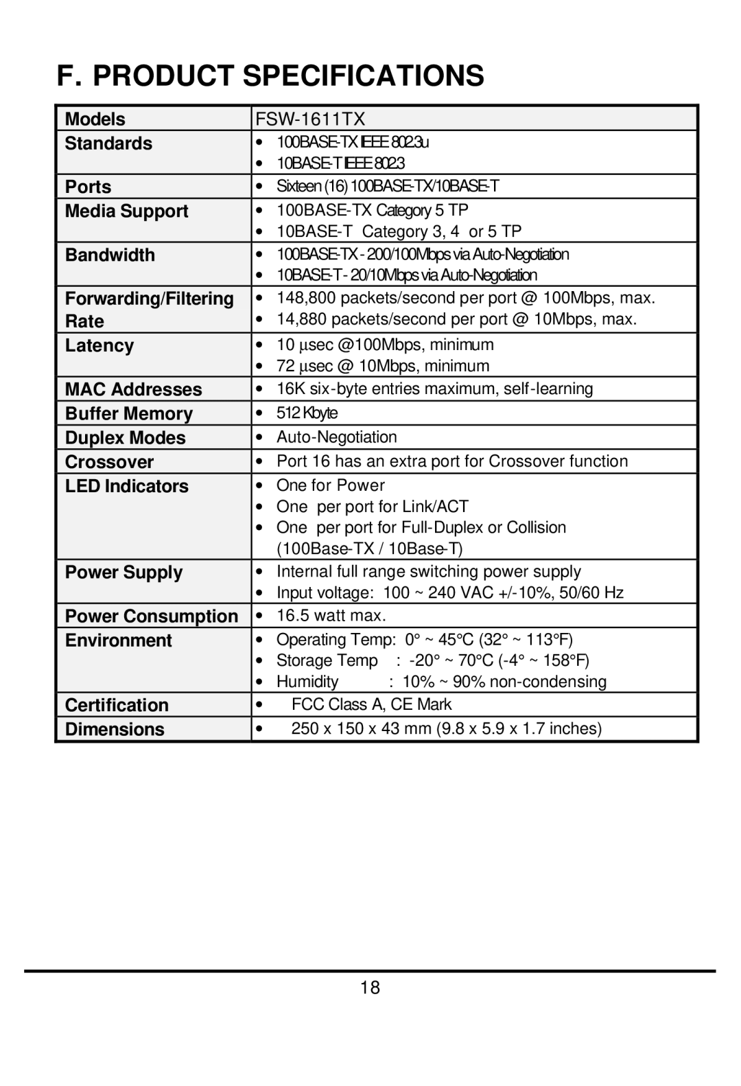 LevelOne FSW-1611TX manual Product Specifications, LED Indicators 