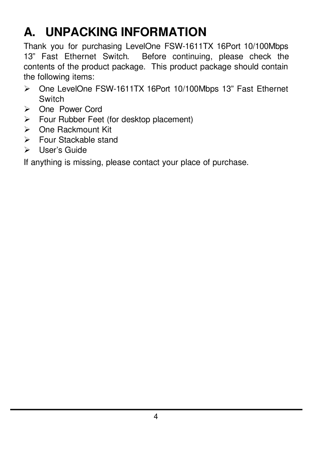 LevelOne FSW-1611TX manual Unpacking Information 