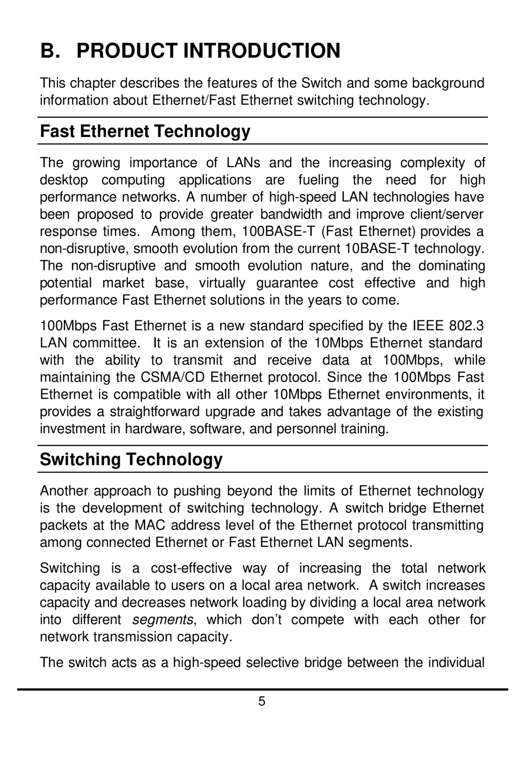 LevelOne FSW-1611TX manual Product Introduction, Fast Ethernet Technology, Switching Technology 