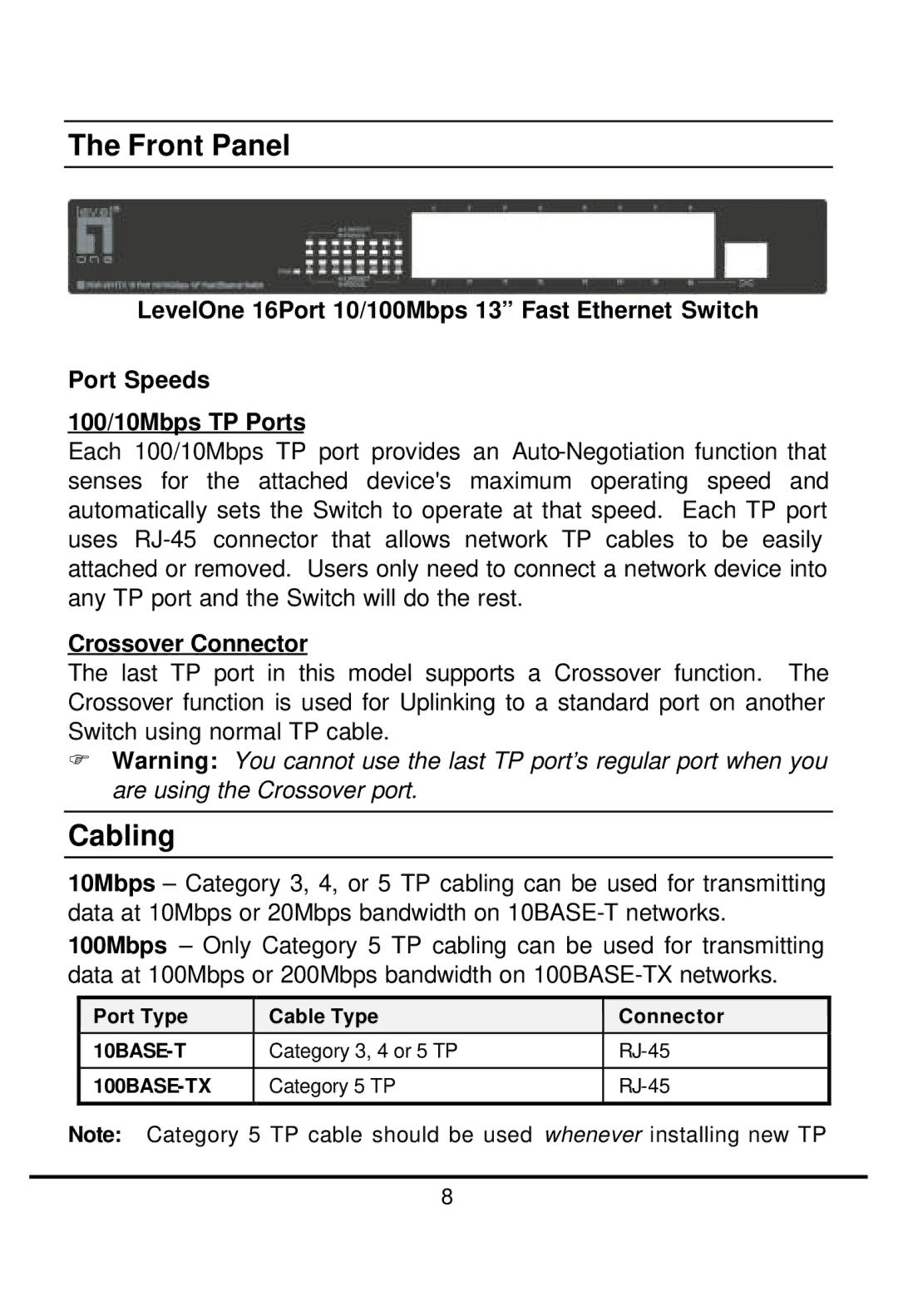 LevelOne FSW-1611TX manual Front Panel, Cabling 