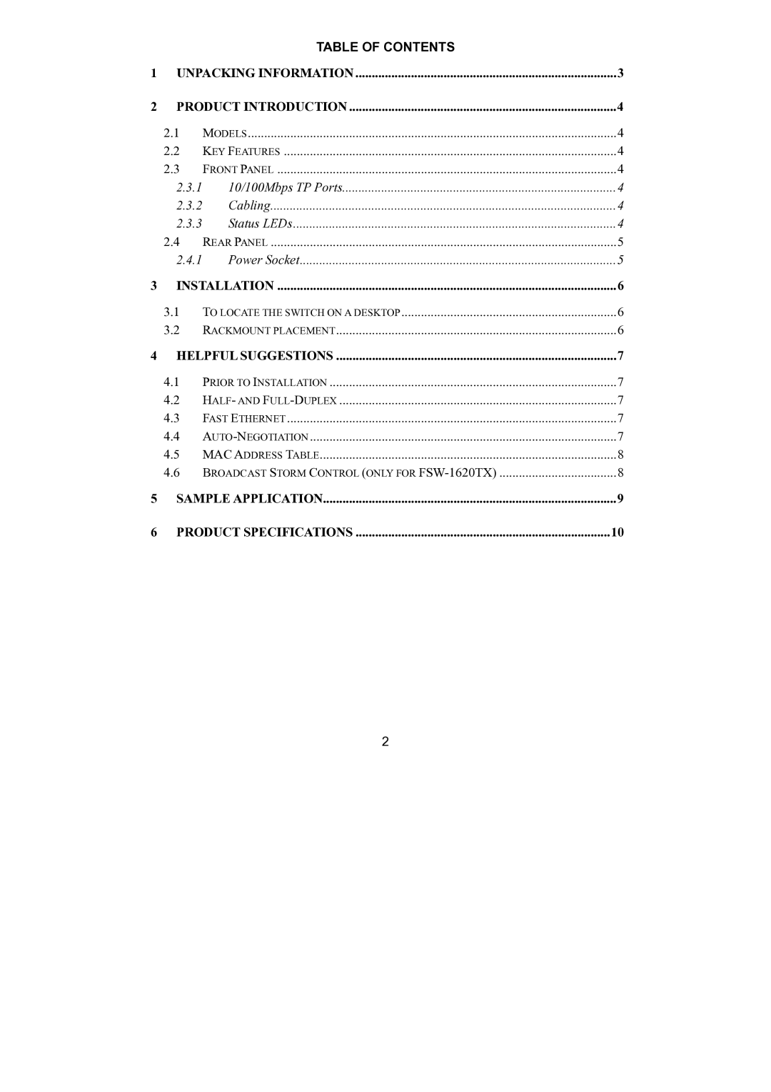 LevelOne FSW-1620TX, FSW-2420TX manual Table of Contents 