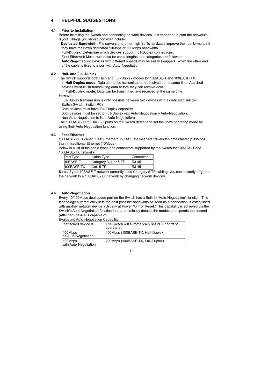 LevelOne FSW-2420TX Helpful Suggestions, Prior to Installation, Half- and Full-Duplex, Fast Ethernet, Auto-Negotiation 