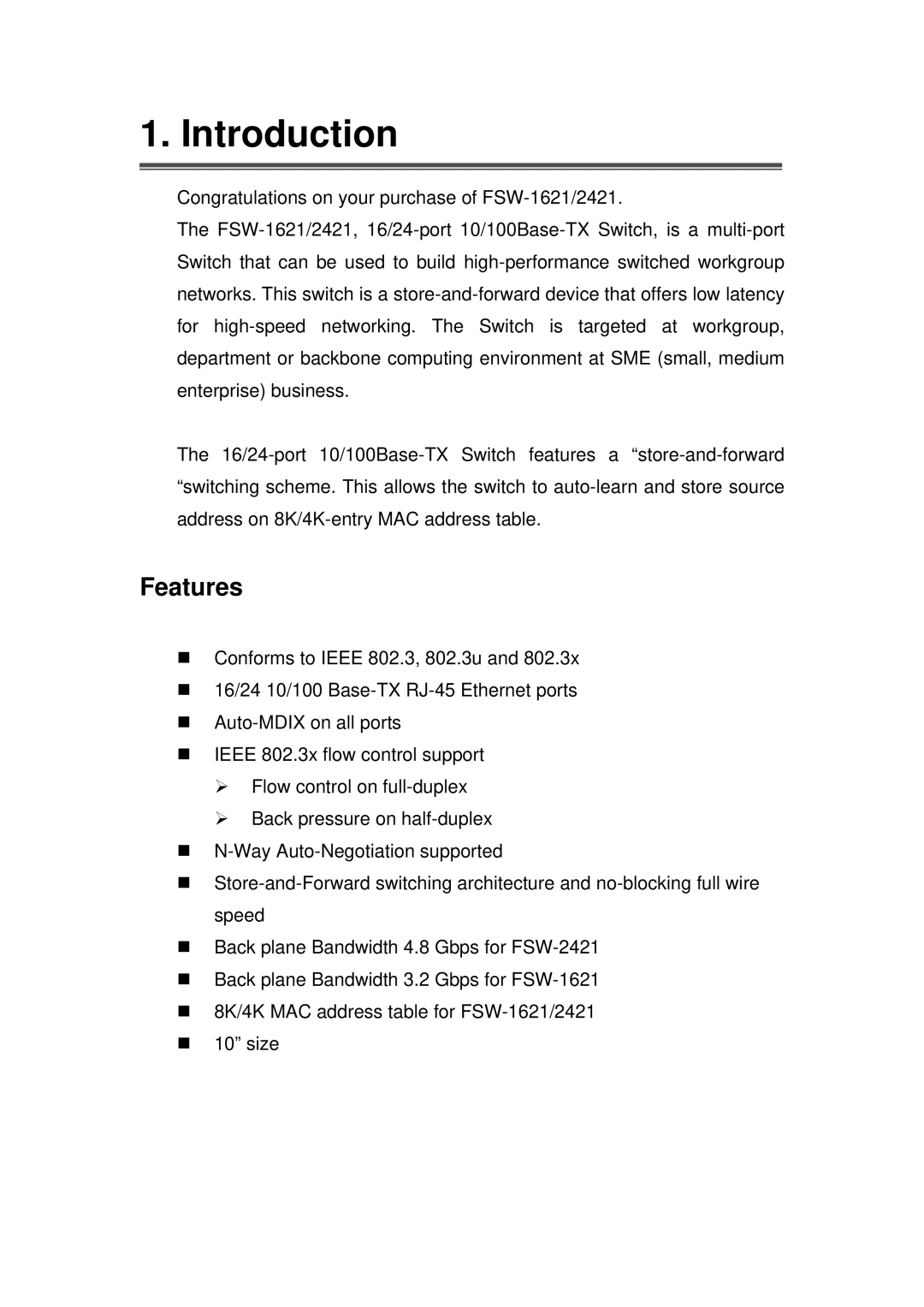 LevelOne FSW-1621, FSW-2421 user manual Introduction, Features 