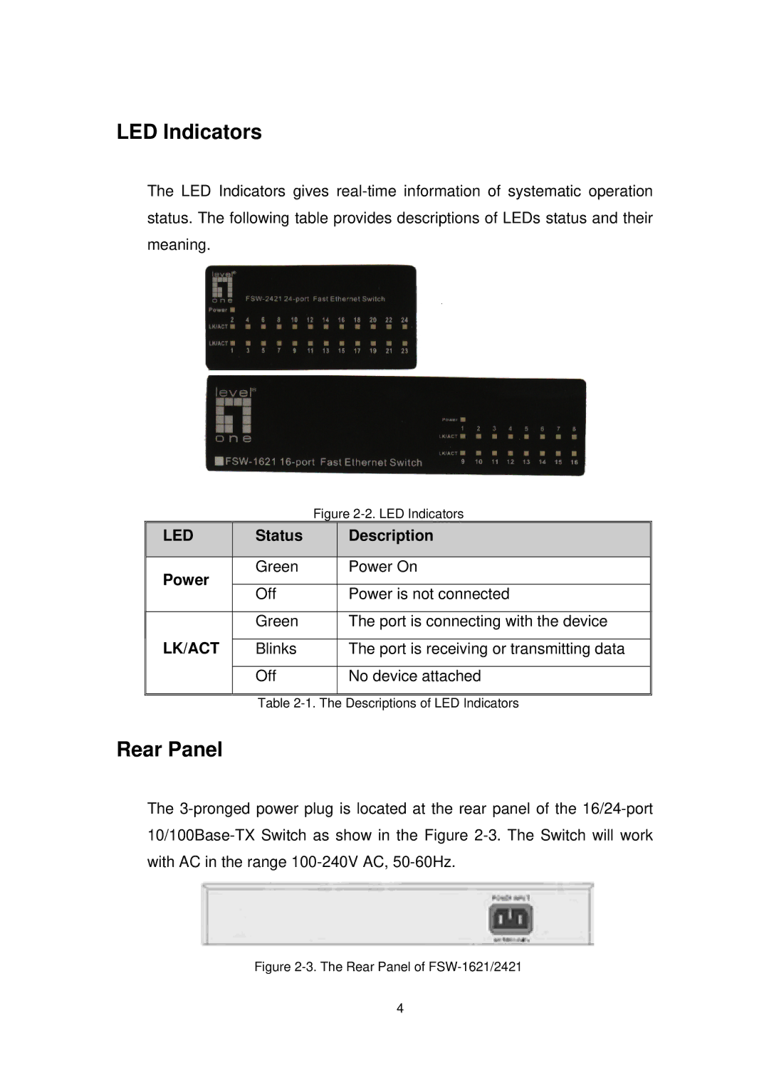 LevelOne FSW-2421, FSW-1621 user manual LED Indicators, Rear Panel 