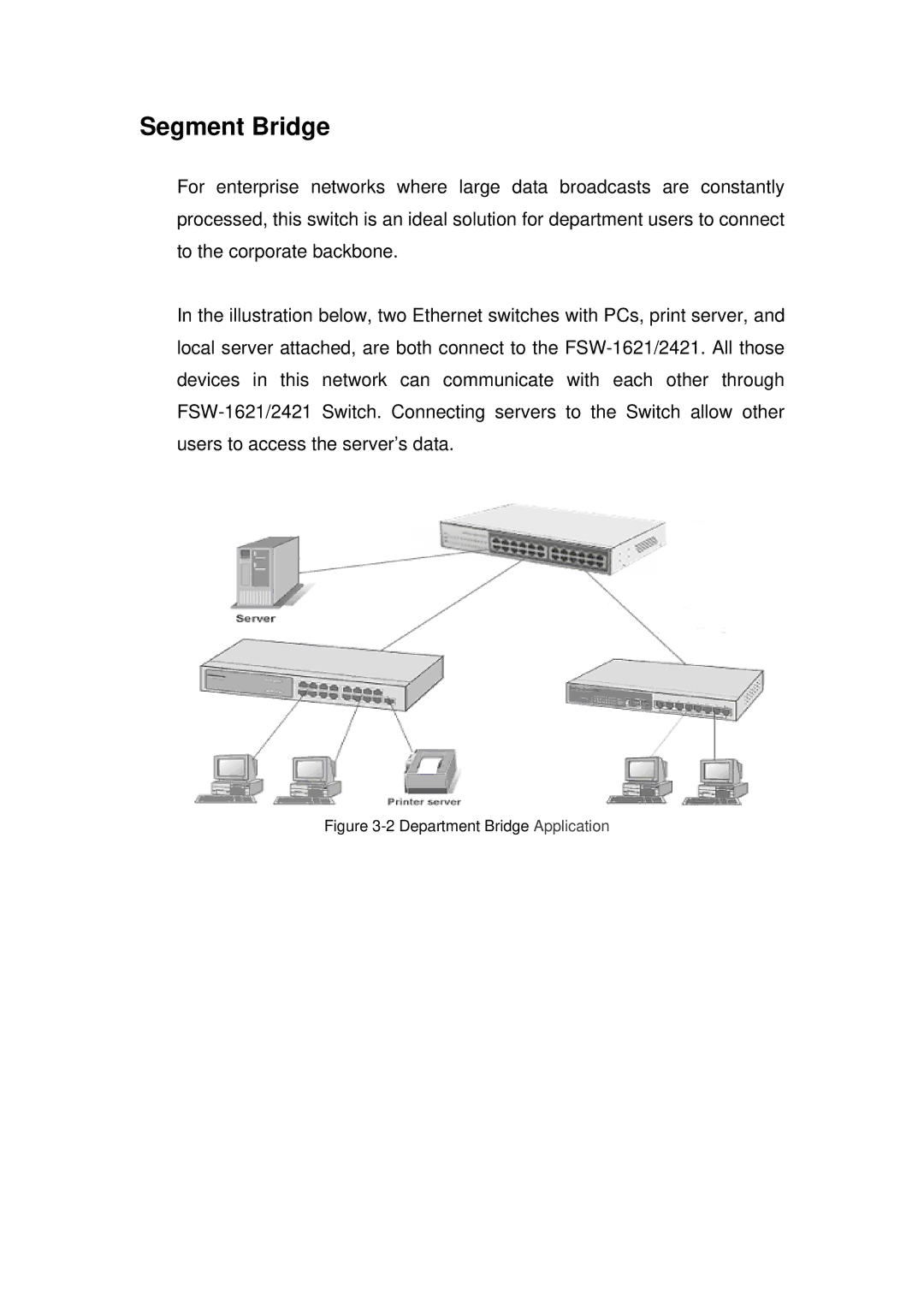 LevelOne FSW-1621, FSW-2421 user manual Segment Bridge, Department Bridge Application 