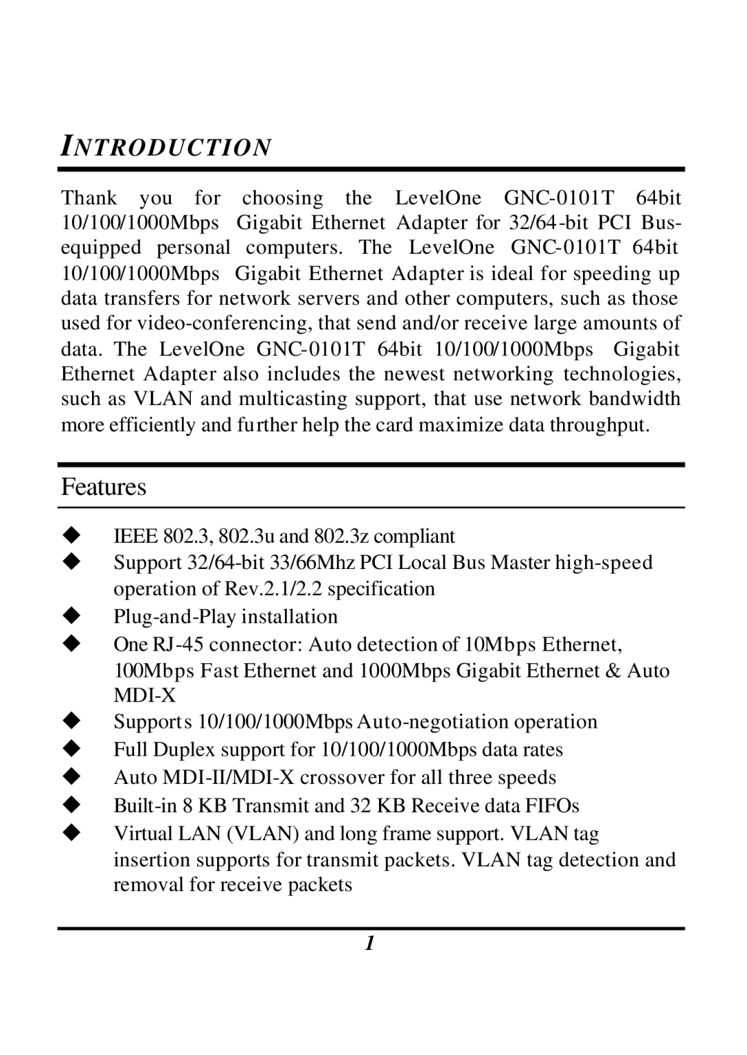 LevelOne GNC-0102T manual Features, Introduction 