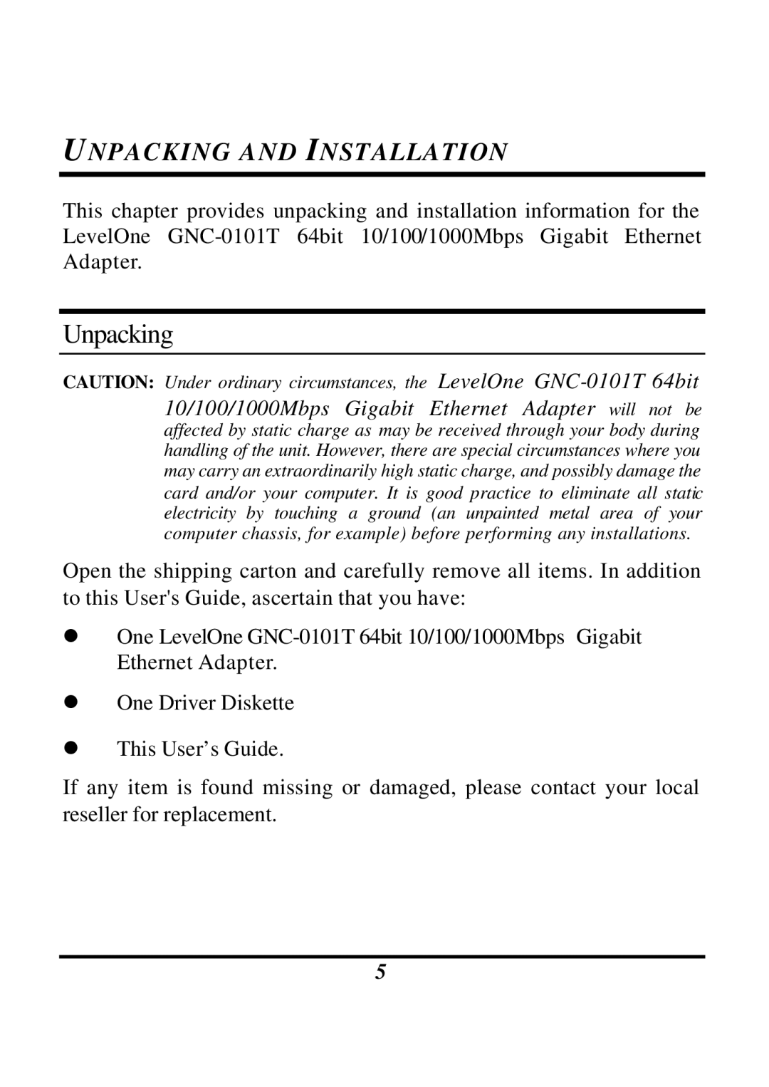 LevelOne GNC-0102T manual Unpacking and Installation 