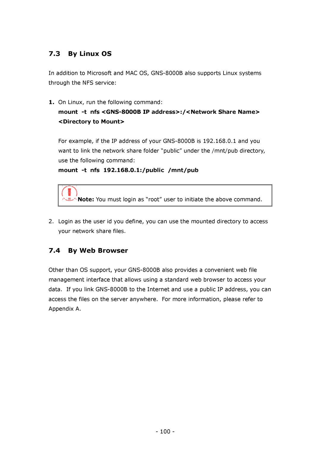LevelOne GNS-8000B user manual By Linux OS, By Web Browser, Mount -t nfs 192.168.0.1/public /mnt/pub 