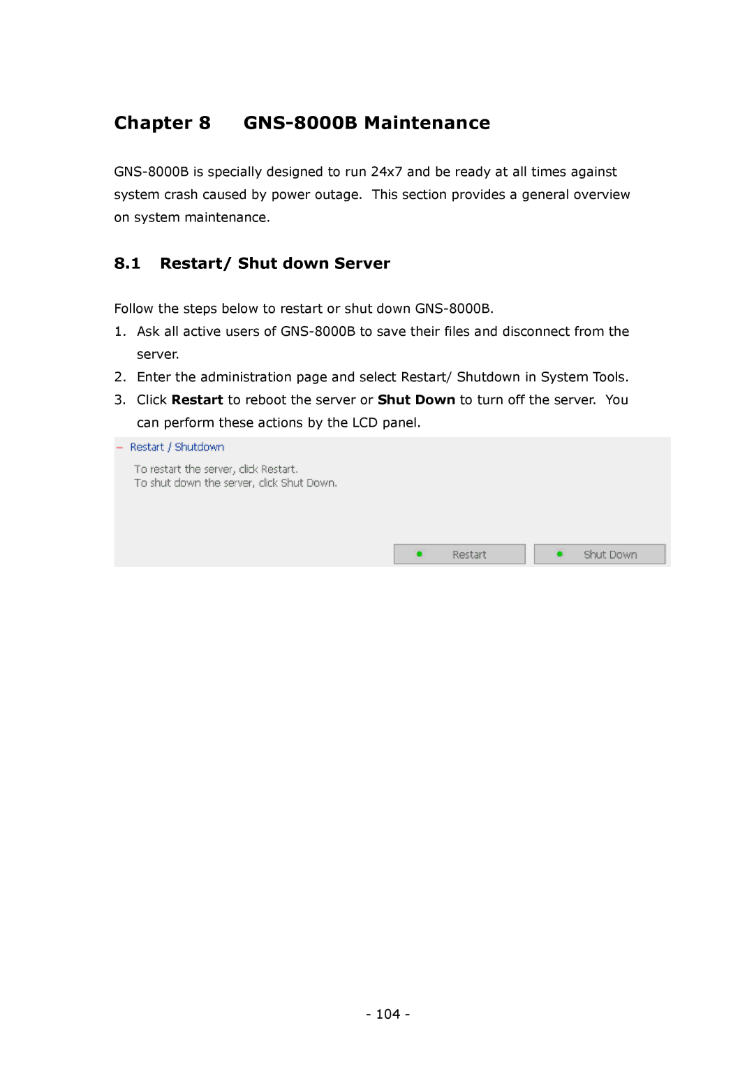 LevelOne user manual GNS-8000B Maintenance, Restart/ Shut down Server 