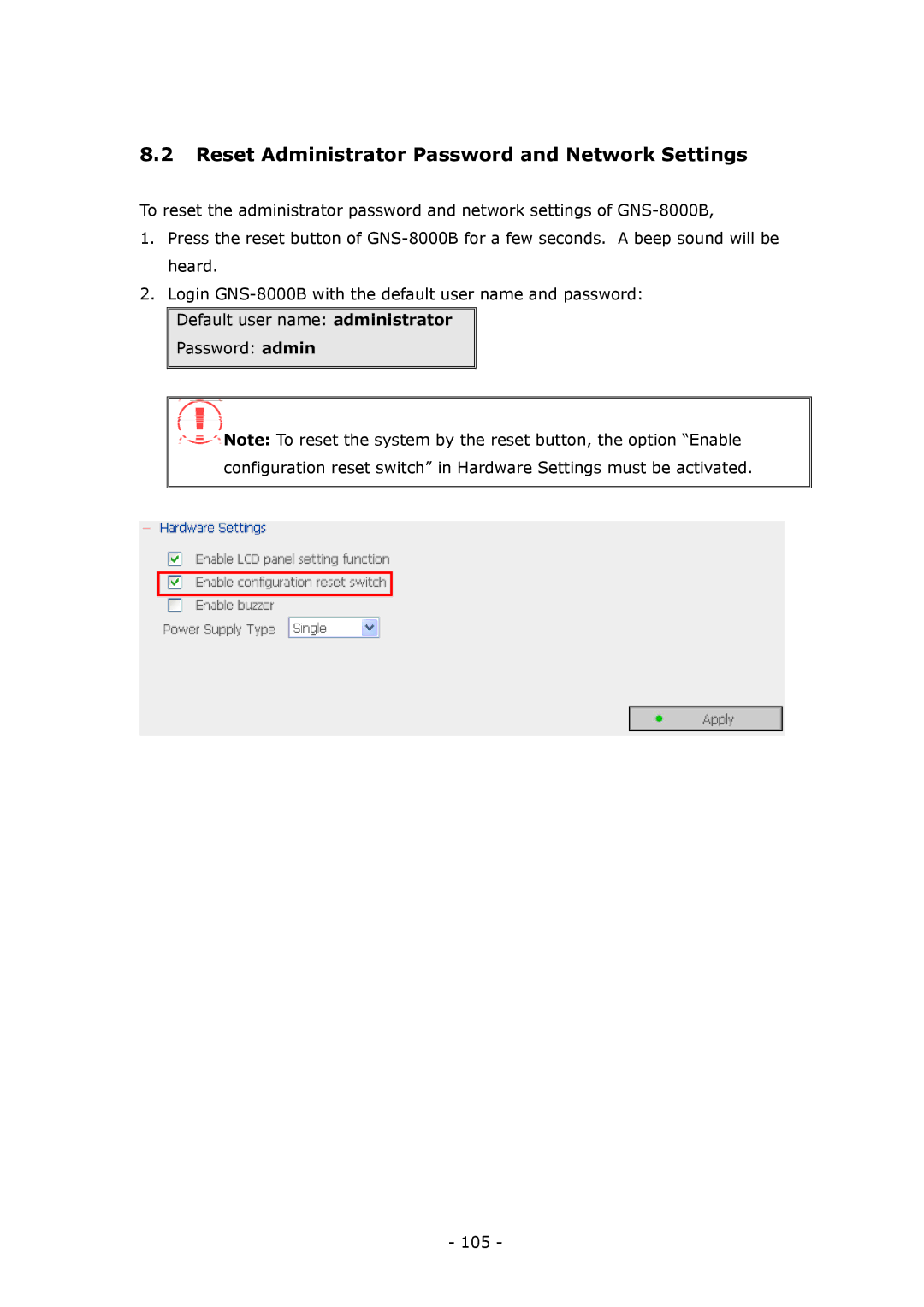 LevelOne GNS-8000B user manual Reset Administrator Password and Network Settings 