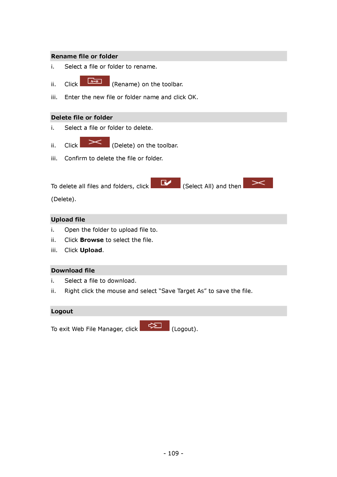 LevelOne GNS-8000B user manual Rename file or folder, Delete file or folder, Upload file, Download file, Logout 