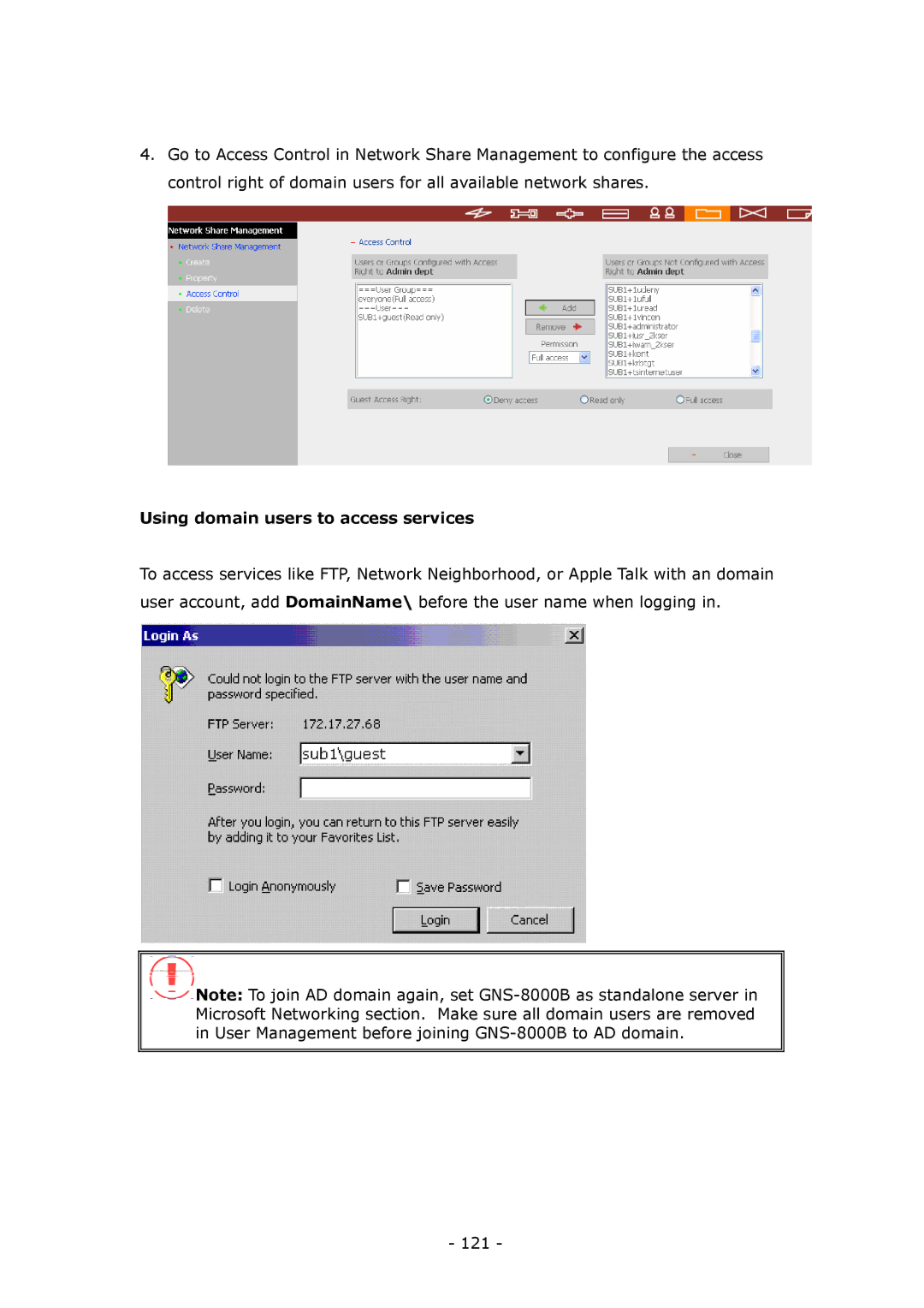 LevelOne GNS-8000B user manual Using domain users to access services 