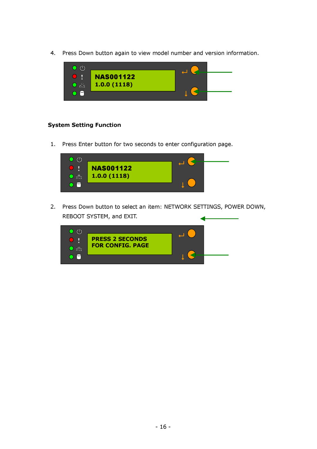 LevelOne GNS-8000B user manual System Setting Function, Press 2 Seconds for CONFIG 