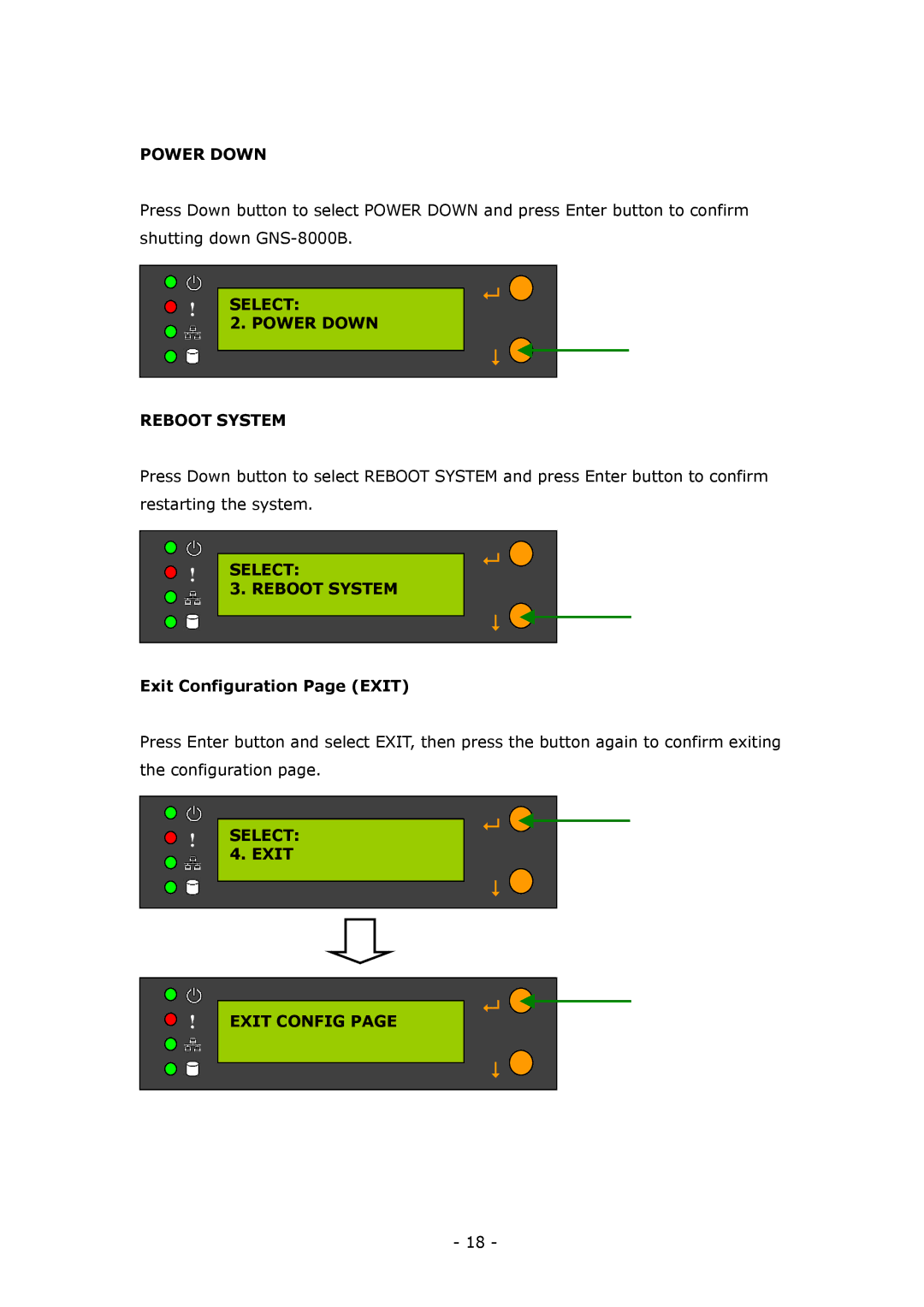 LevelOne GNS-8000B user manual Power Down, Exit Configuration Page Exit 