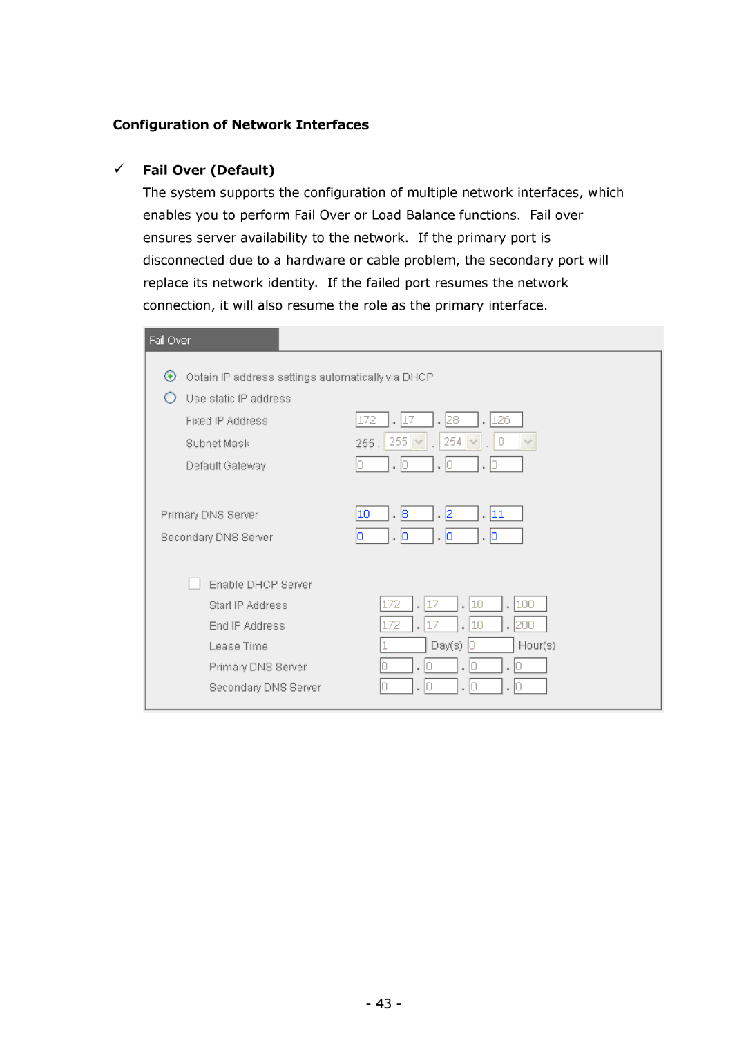 LevelOne GNS-8000B user manual Configuration of Network Interfaces Fail Over Default 