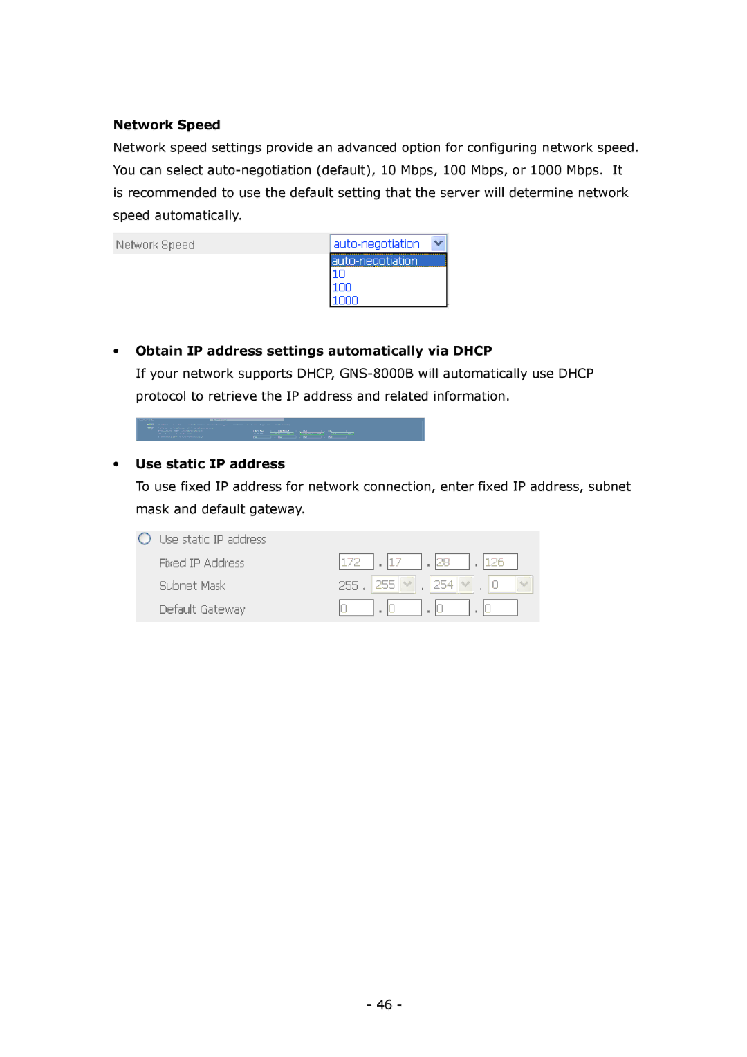 LevelOne GNS-8000B user manual Network Speed, Obtain IP address settings automatically via Dhcp, Use static IP address 