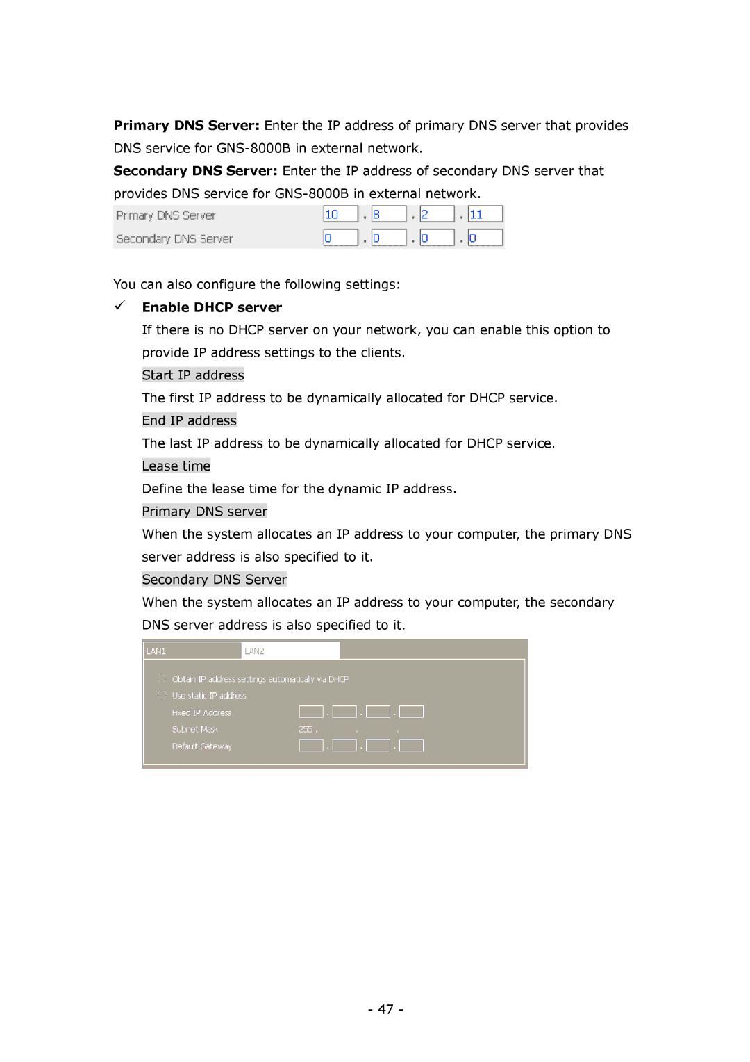 LevelOne GNS-8000B user manual Enable Dhcp server 