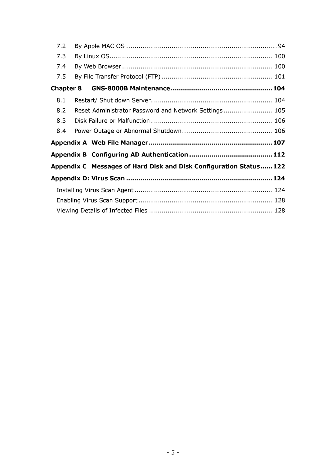 LevelOne user manual GNS-8000B Maintenance 104, 124 