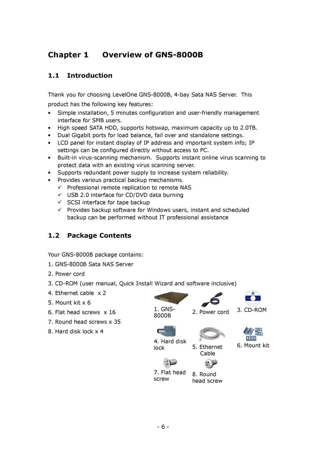 LevelOne user manual Overview of GNS-8000B, Introduction, Package Contents 