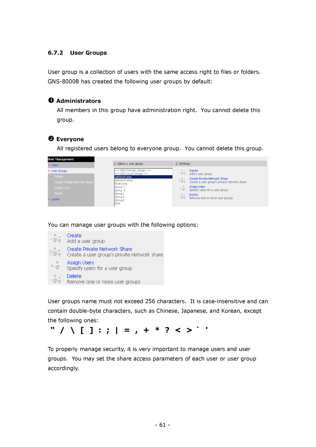 LevelOne GNS-8000B user manual User Groups, Administrators, Everyone 