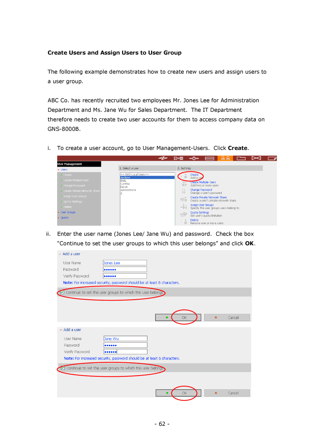 LevelOne GNS-8000B user manual Create Users and Assign Users to User Group 