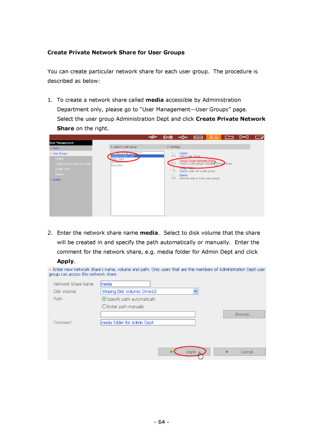 LevelOne GNS-8000B user manual Create Private Network Share for User Groups 