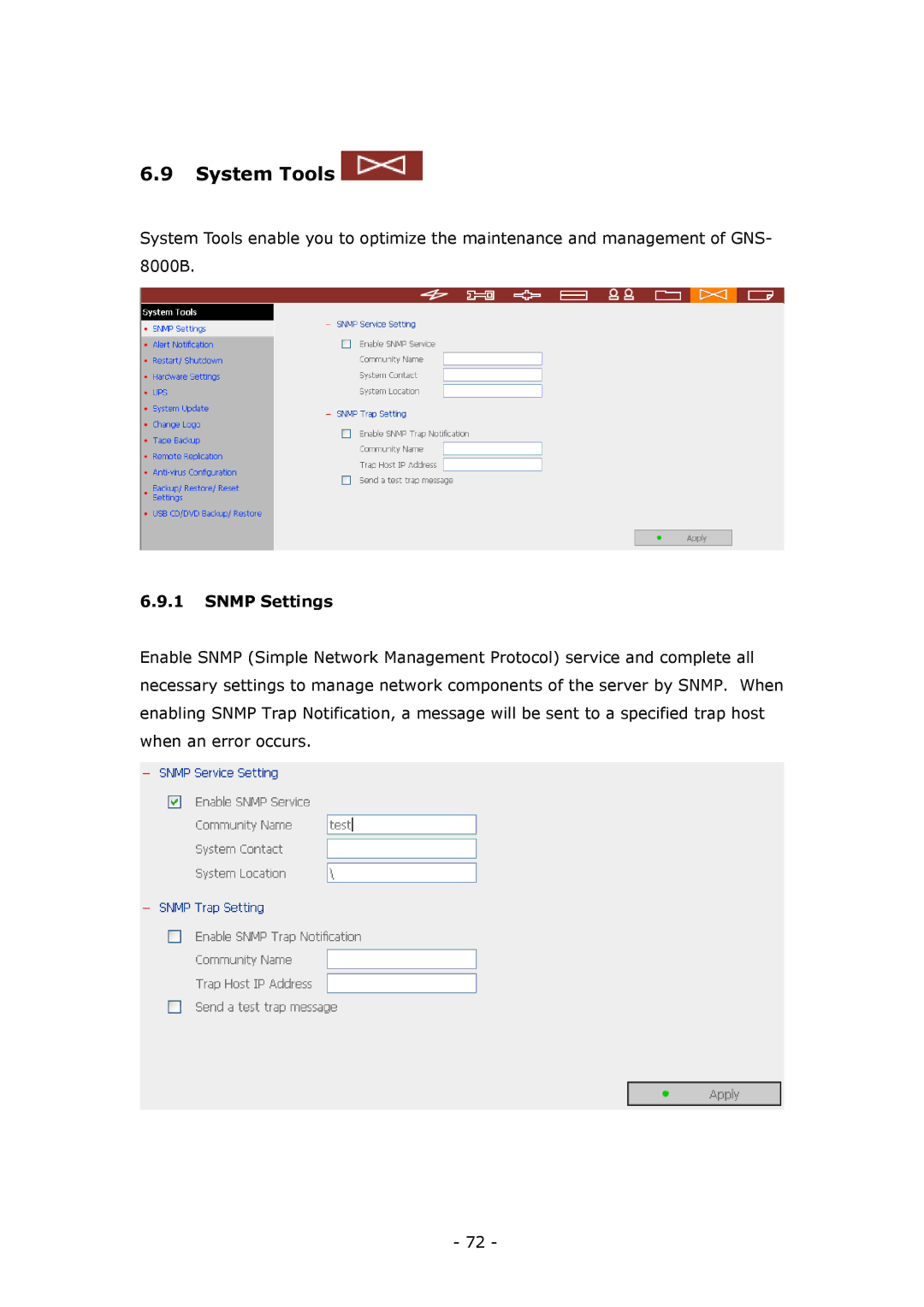 LevelOne GNS-8000B user manual System Tools, Snmp Settings 