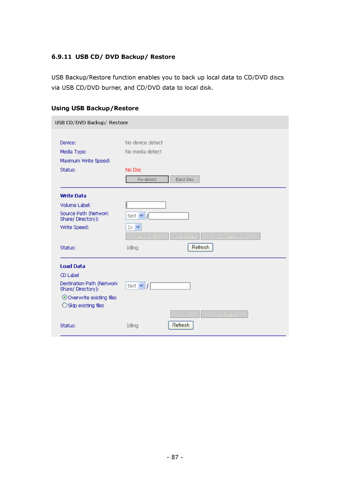 LevelOne GNS-8000B user manual USB CD/ DVD Backup/ Restore, Using USB Backup/Restore 