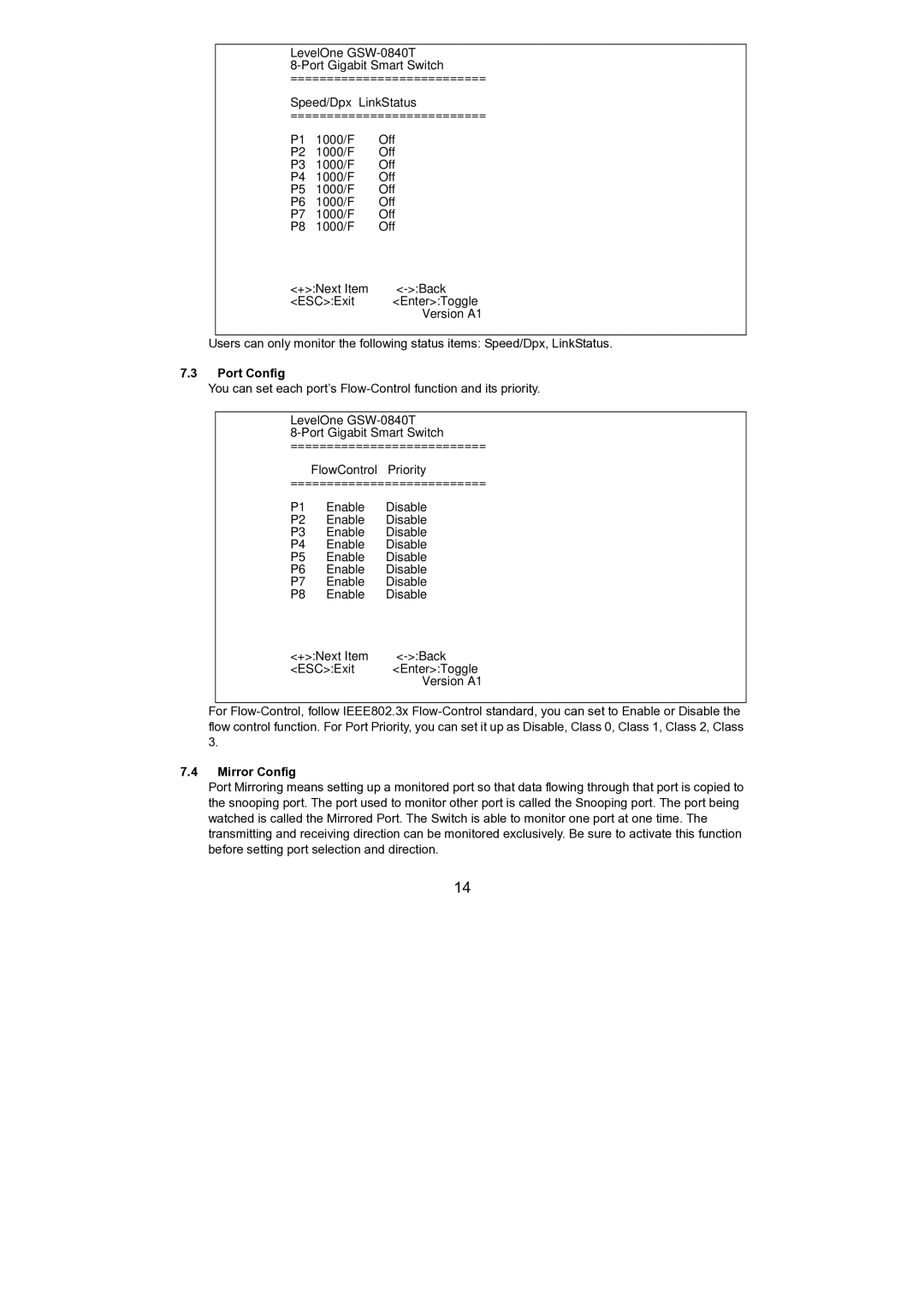 LevelOne GSW-0840T, GSW-0440T manual Port Config, Mirror Config 