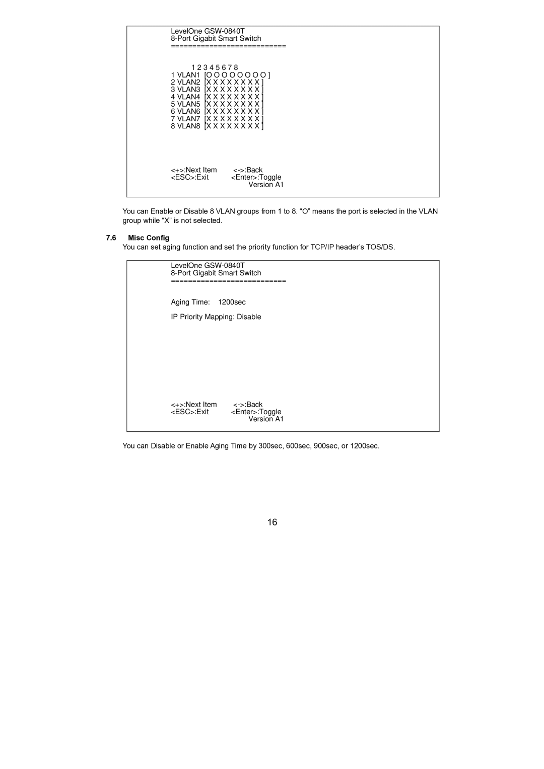 LevelOne GSW-0840T, GSW-0440T manual VLAN8, Misc Config 