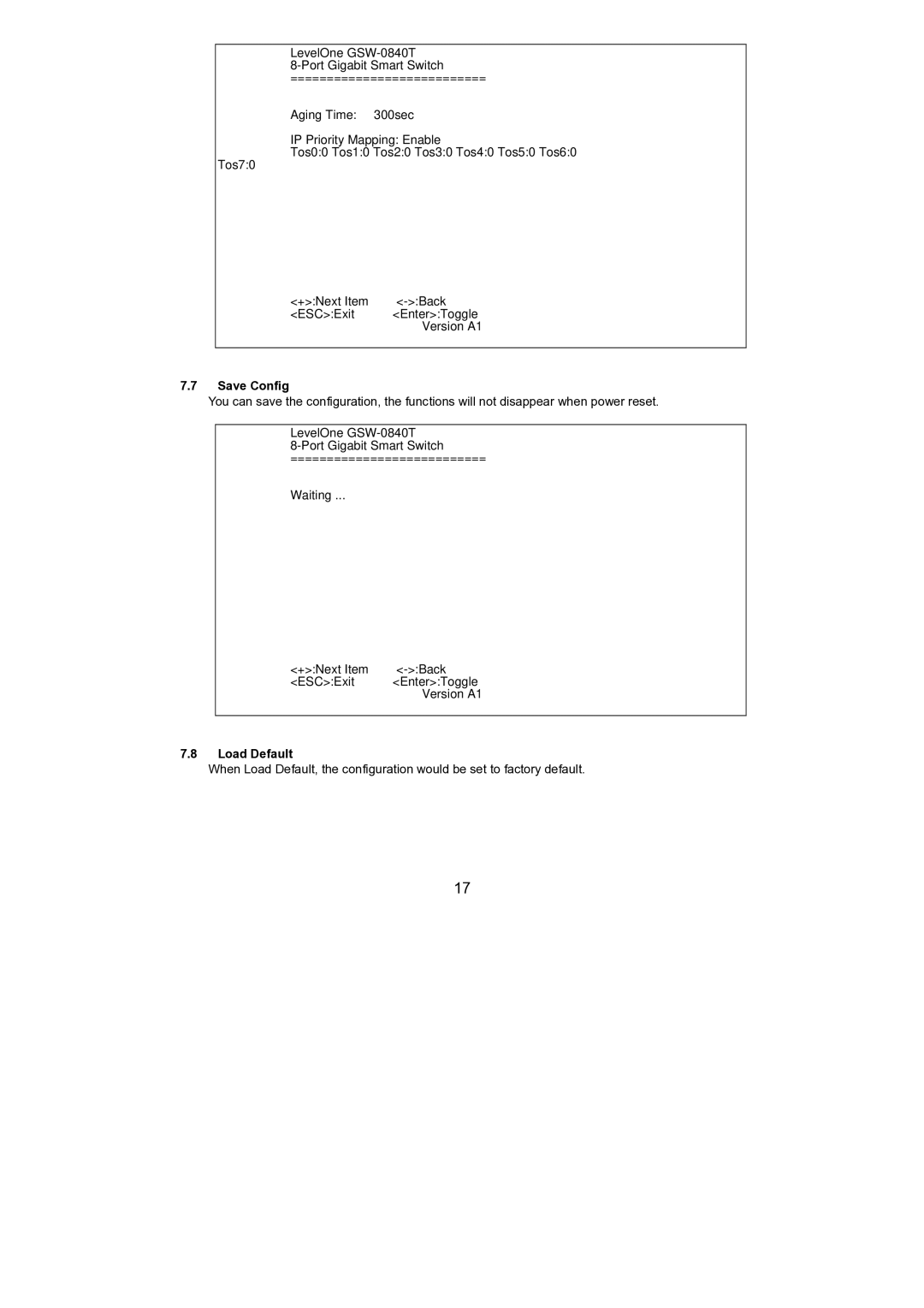 LevelOne GSW-0440T, GSW-0840T manual Save Config, Load Default 