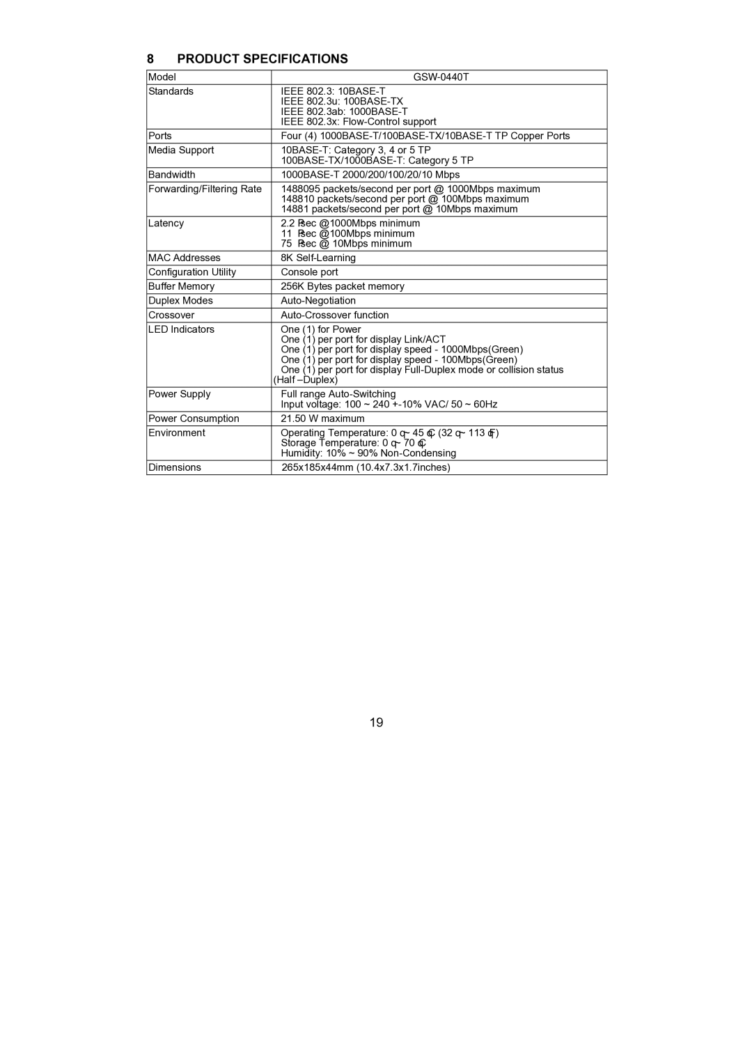 LevelOne GSW-0440T, GSW-0840T manual Product Specifications 