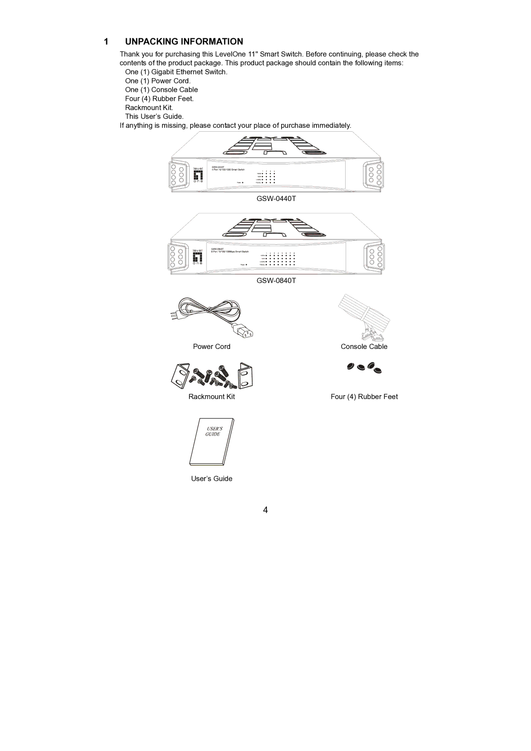 LevelOne GSW-0840T, GSW-0440T manual Unpacking Information 