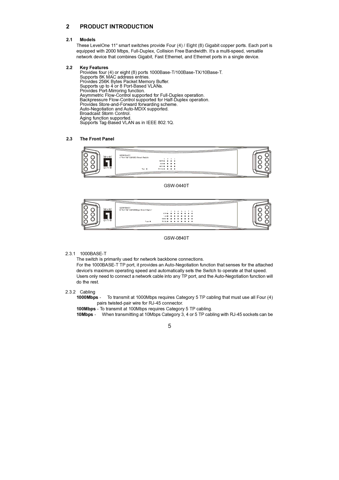 LevelOne GSW-0440T, GSW-0840T manual Product Introduction, Models, Key Features, Front Panel 