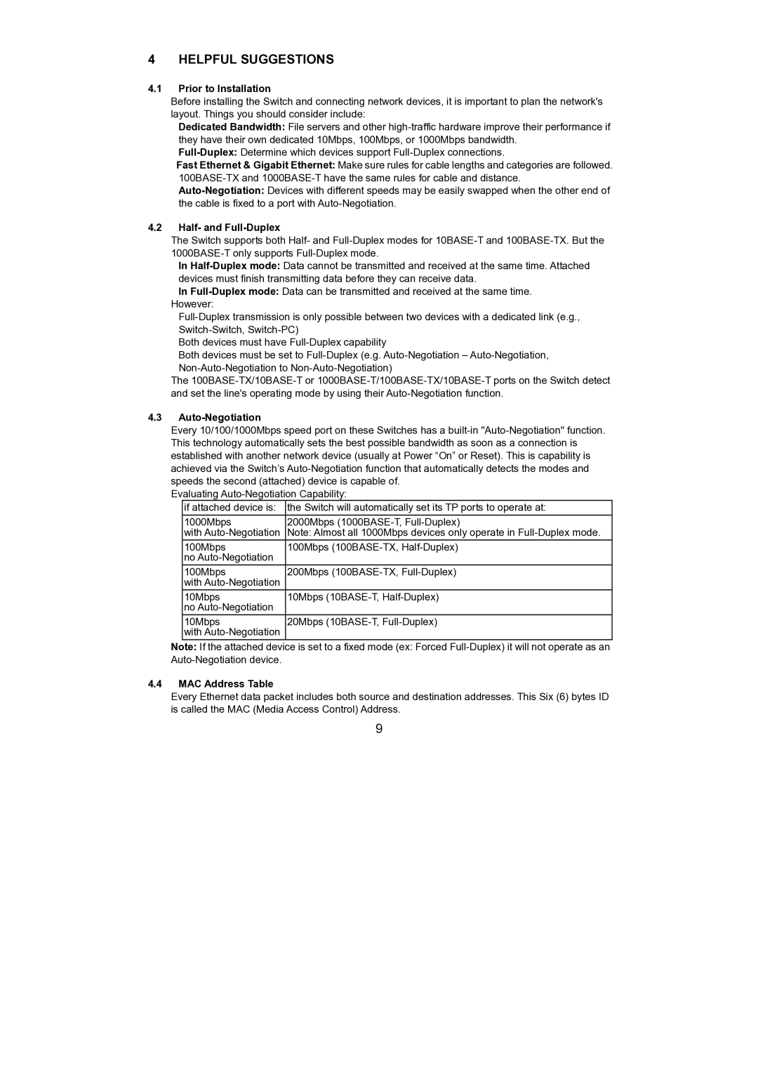 LevelOne GSW-0440T Helpful Suggestions, Prior to Installation, Half- and Full-Duplex, Auto-Negotiation, MAC Address Table 