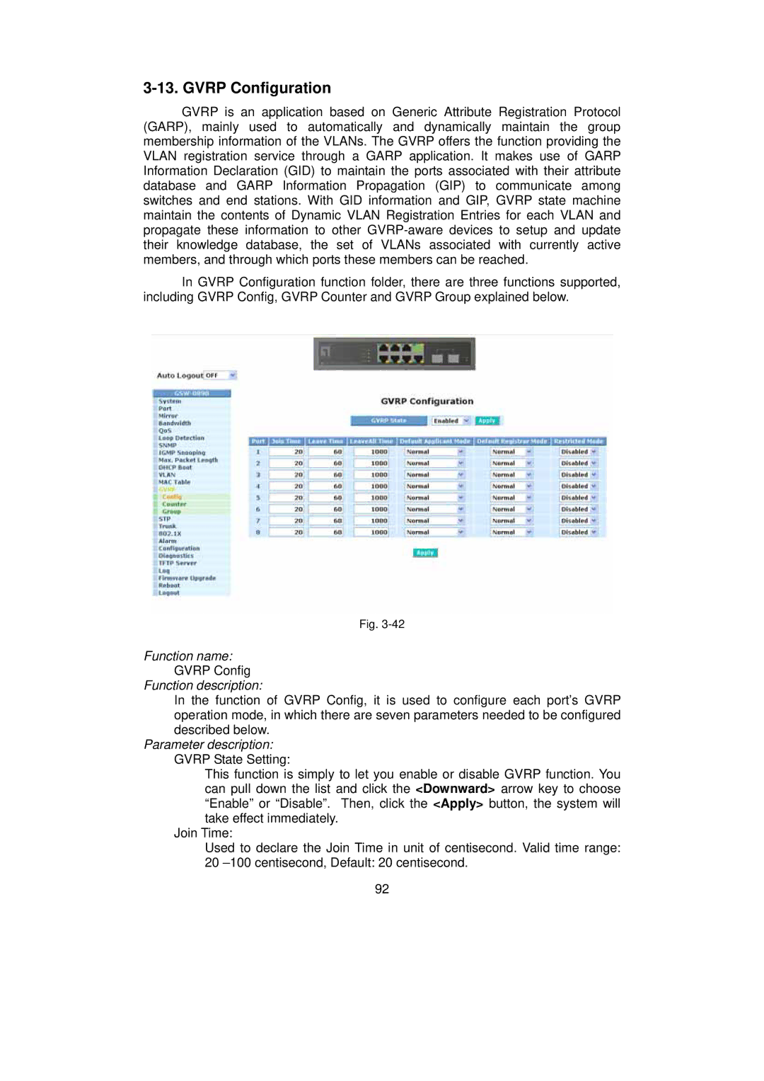 LevelOne GSW-0890 user manual Gvrp Configuration 