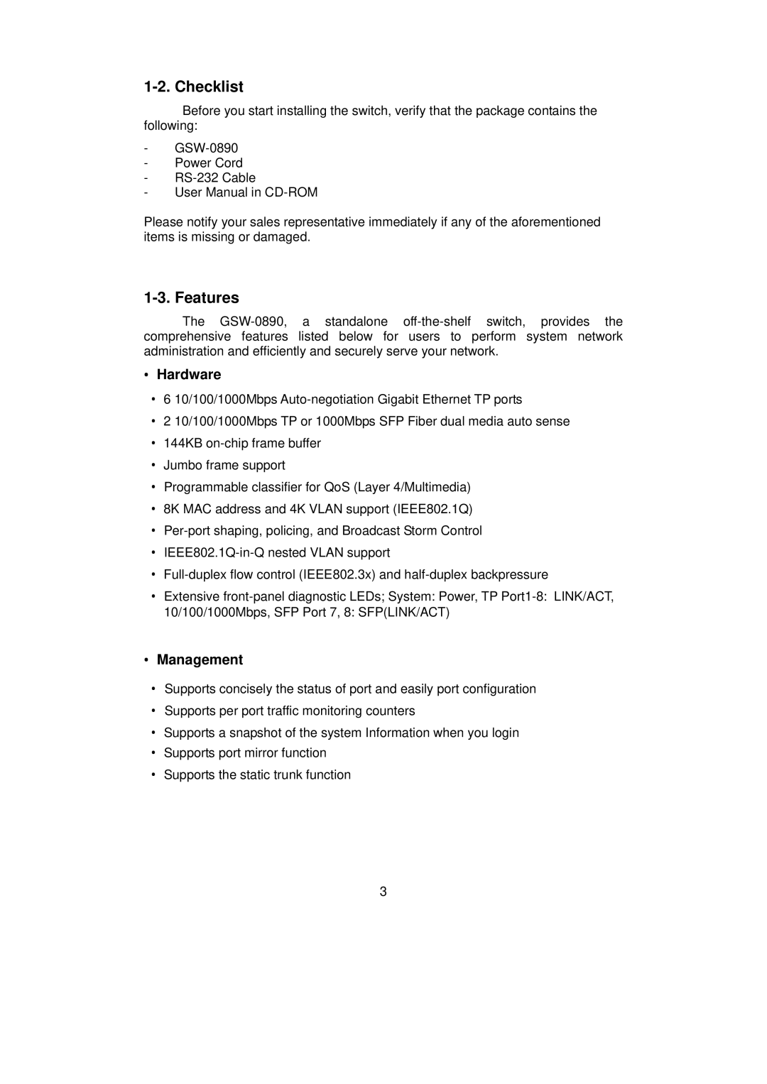 LevelOne GSW-0890 user manual Checklist, Features, Hardware, Management 