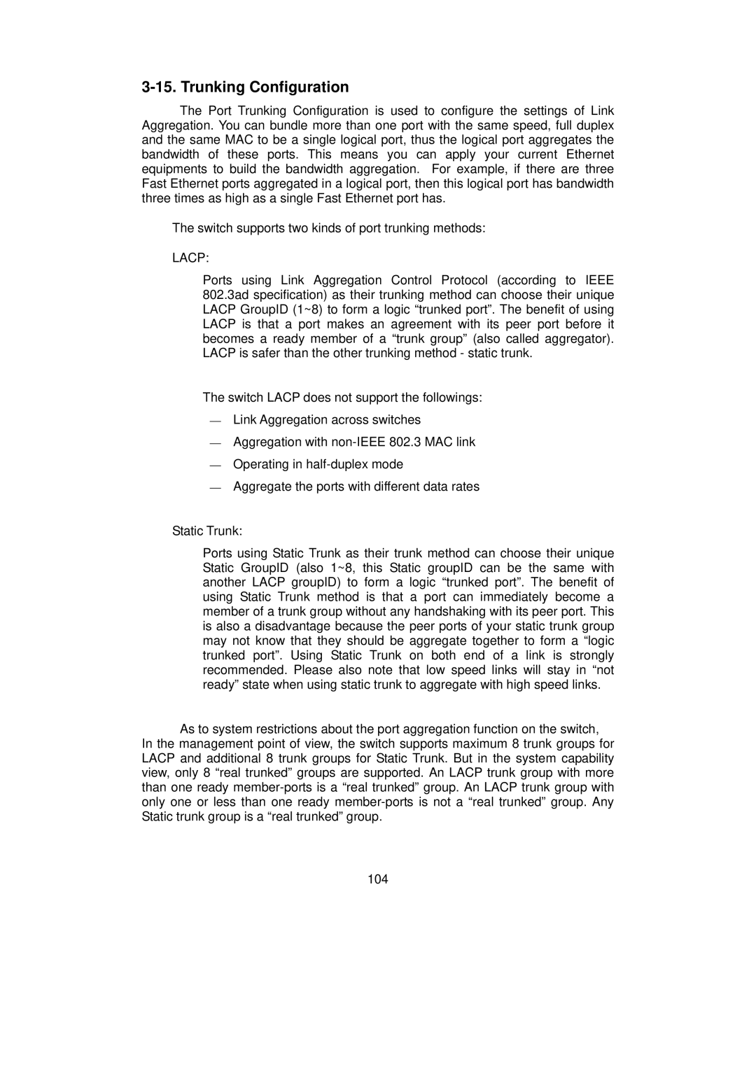 LevelOne GSW-0890 user manual Trunking Configuration, Lacp 