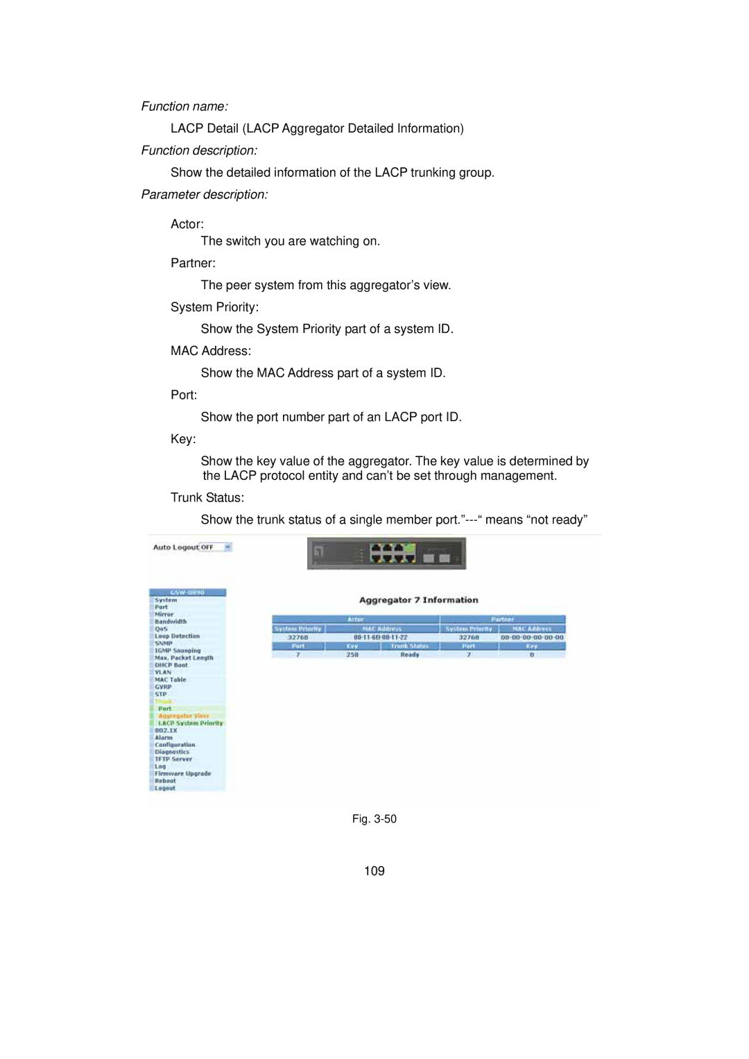 LevelOne GSW-0890 user manual Lacp Detail Lacp Aggregator Detailed Information 