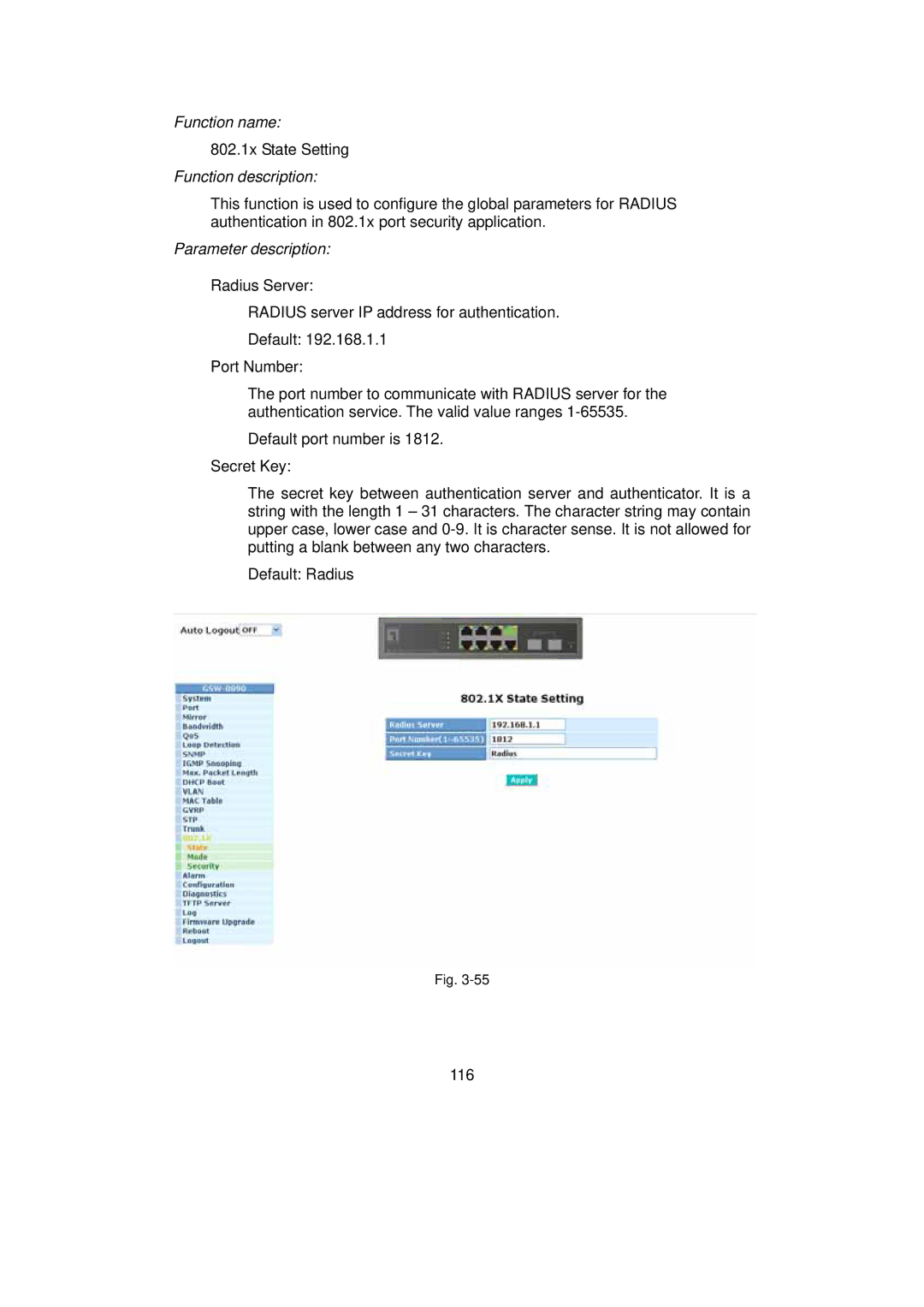 LevelOne GSW-0890 user manual 802.1x State Setting 